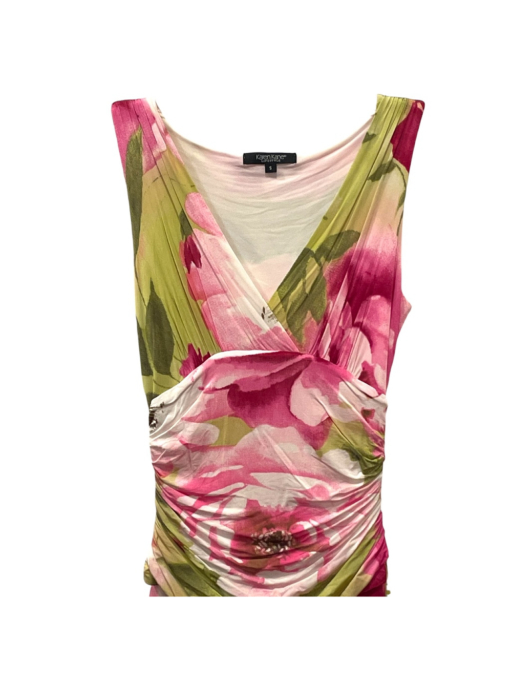 Karen Kane Womens Size Small Floral Sleeveless Midi Dress Watercolor Ruching - Picture 3 of 12